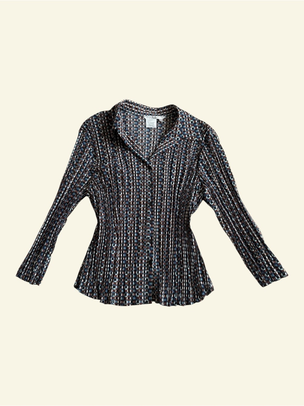 Fred David Vintage Y2K Geometric Print Plisse Button Front Blouse Blue Brown L